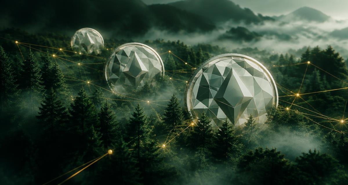 Faceted silver digital assets in a forest explaining crypto trading