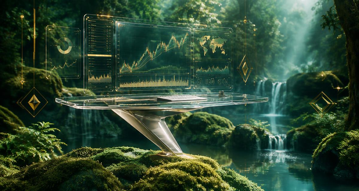 Transparent silver trading terminal in a forest explaining platform mechanics