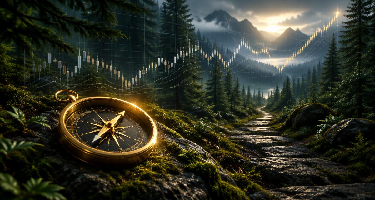Gold compass on a forest path for beginner trading strategies