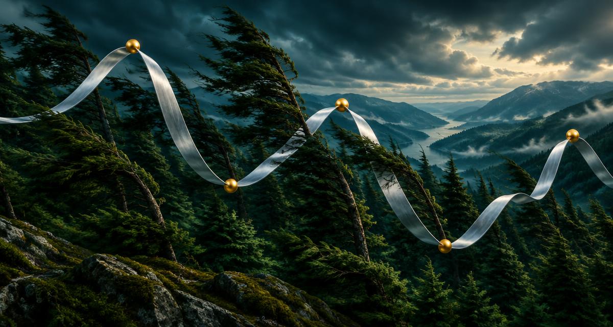 Silver wave across a windblown forest illustrating market volatility